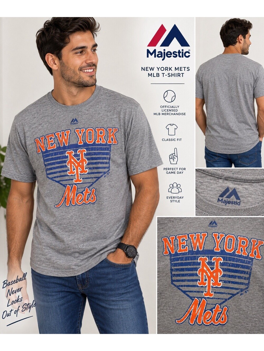 Majestic New York Mets Men’s Medium Gray Distressed Graphic MLB T-Shirt NWT
